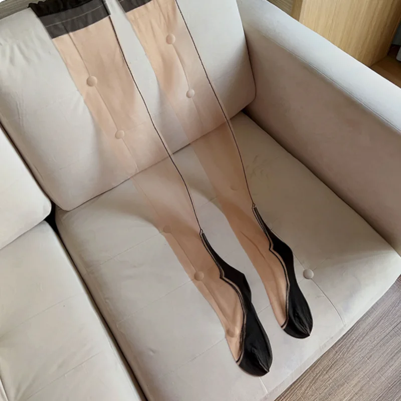 Ultra-thin Sexy Foot Shaped Stockings Gothic Wide Rib Cut Retro Nude Long Stockings Thigh High Non-elastic Hosiery For Women