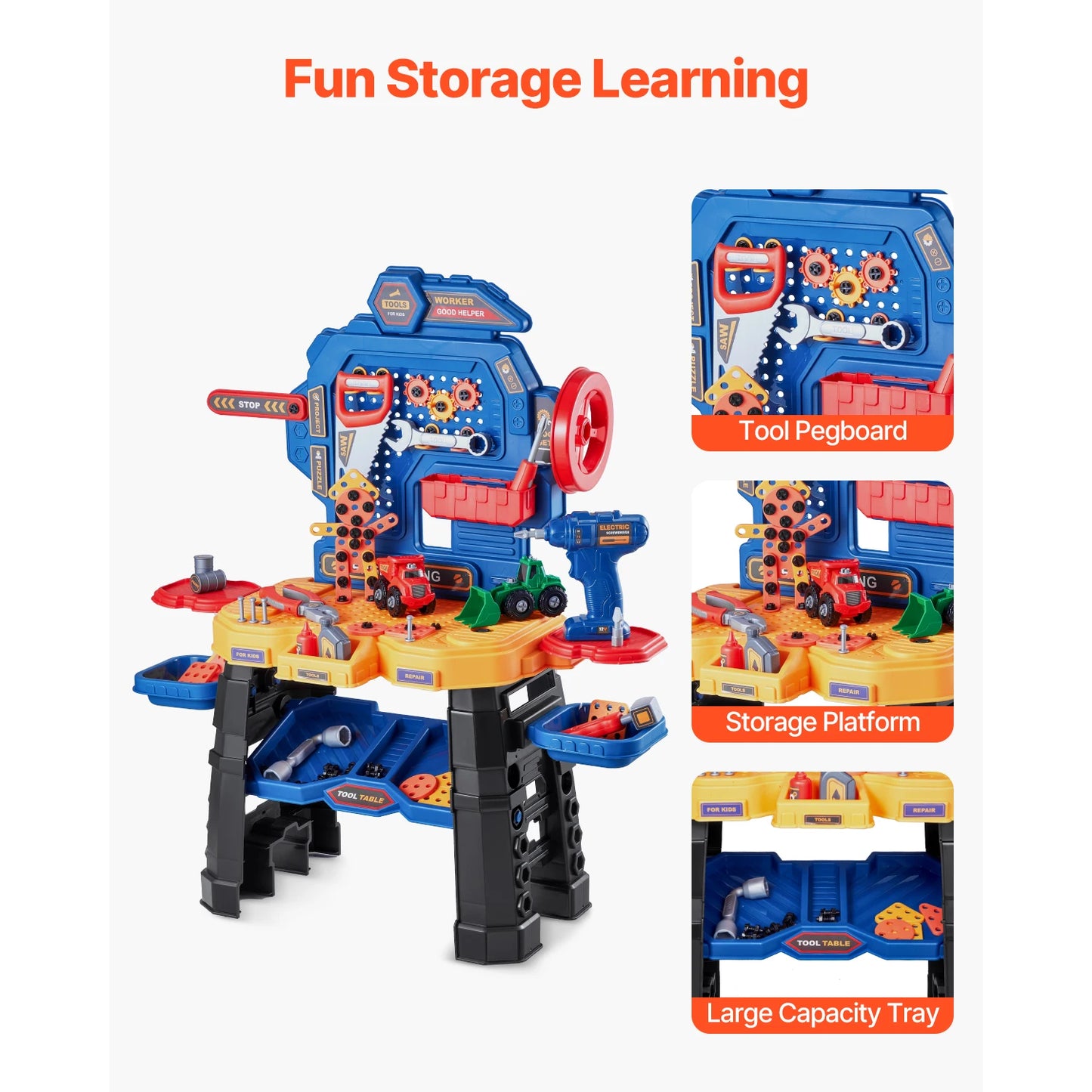 SucceBuy 181 pcs Kids Tool Bench Realistic Transformable Tool Set with Toddler Bench Pretend Play Learning Gift for Children Toy