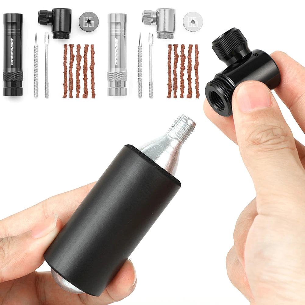 CO2 Bicycle Pump with Tubeless Tire Repair Kit Schrader & Presta Valve CO2 Bike Tire Inflator Aluminum Alloy Bicycle Accessories
