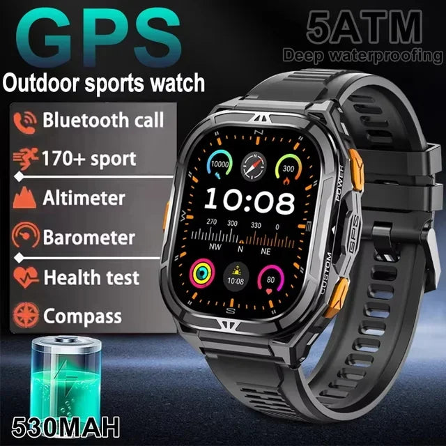 2026 New GPS Smart Watch Men 1.96-inch HD AMOLED Screen Compass Bluetooth Call 5ATM Waterproof Sport Smart Watch for Android iOS