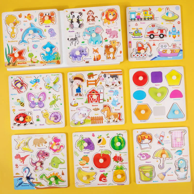 Baby Wooden Puzzles Montessori Toys 1 2 3 Years Toddler Toys Hand Grab Board Alphabet Number Cognition Learning Educational Toys