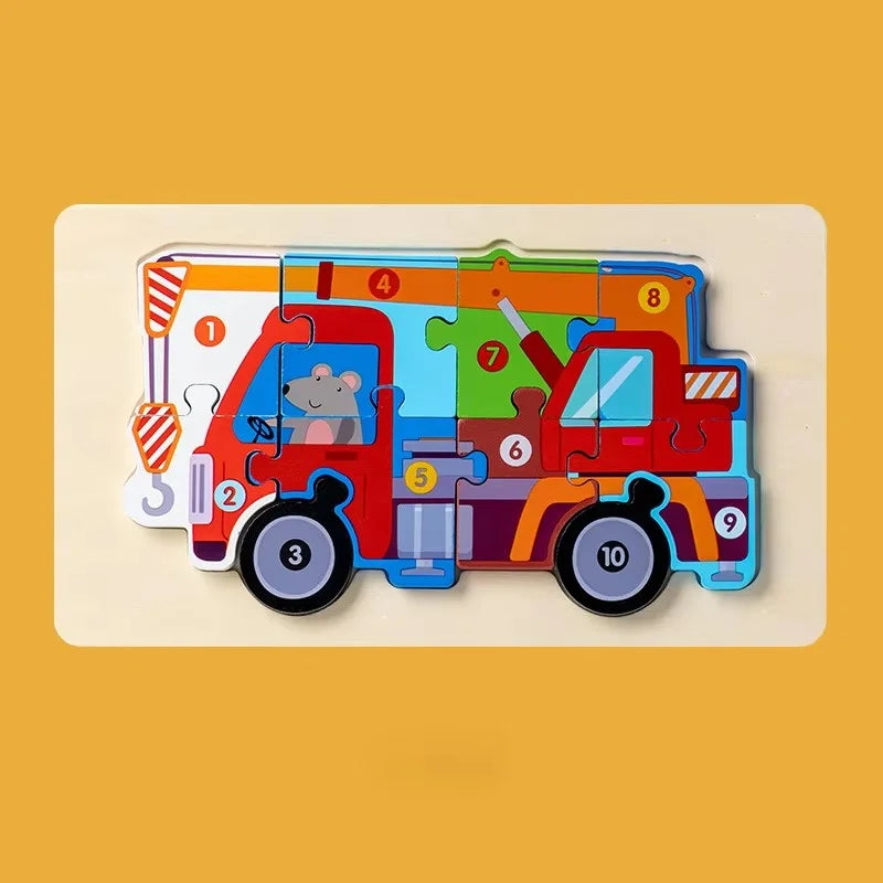 Children Montessori Wooden Puzzle Baby 3D Engineering Vehicle Jigsaw Early Education Matching Cognitive Puzzles Toys for Kids