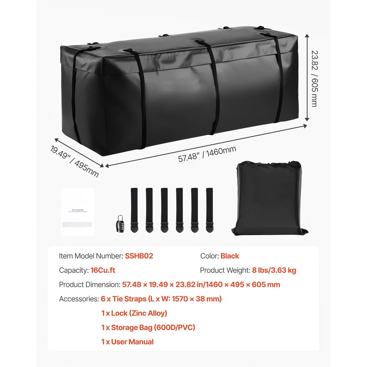 SucceBuy Hitch Cargo Carrier Bag Waterproof 840D PVC 57.48 x 19.49 x 23.82 in Heavy Duty Cargo Bag for Truck Bed Storage for Car