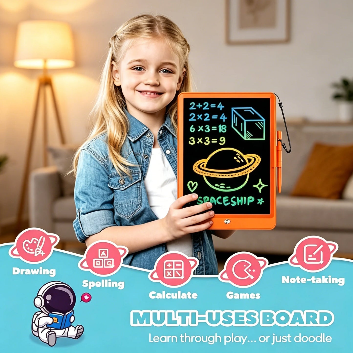 Kids 10" LCD Drawing Tablet, Color Doodle Board, Reusable Erasable Writing Pad, Educational Toy for Boys & Girls Aged 3-8, Orange