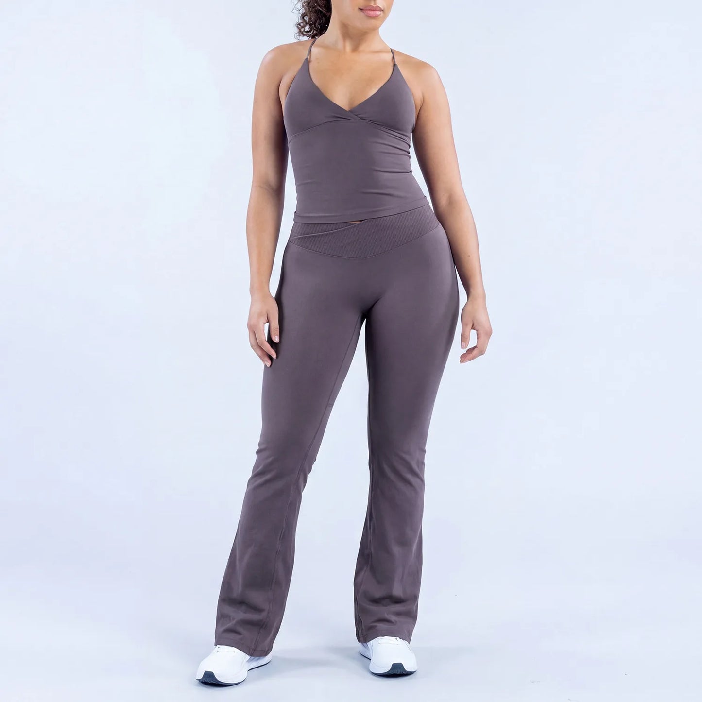Women V Neck Yoga Tank Top 3DF-Cross Waist Flare Leggings Seamless Gym Workout Fitness Activewear Sports Set 2PCS