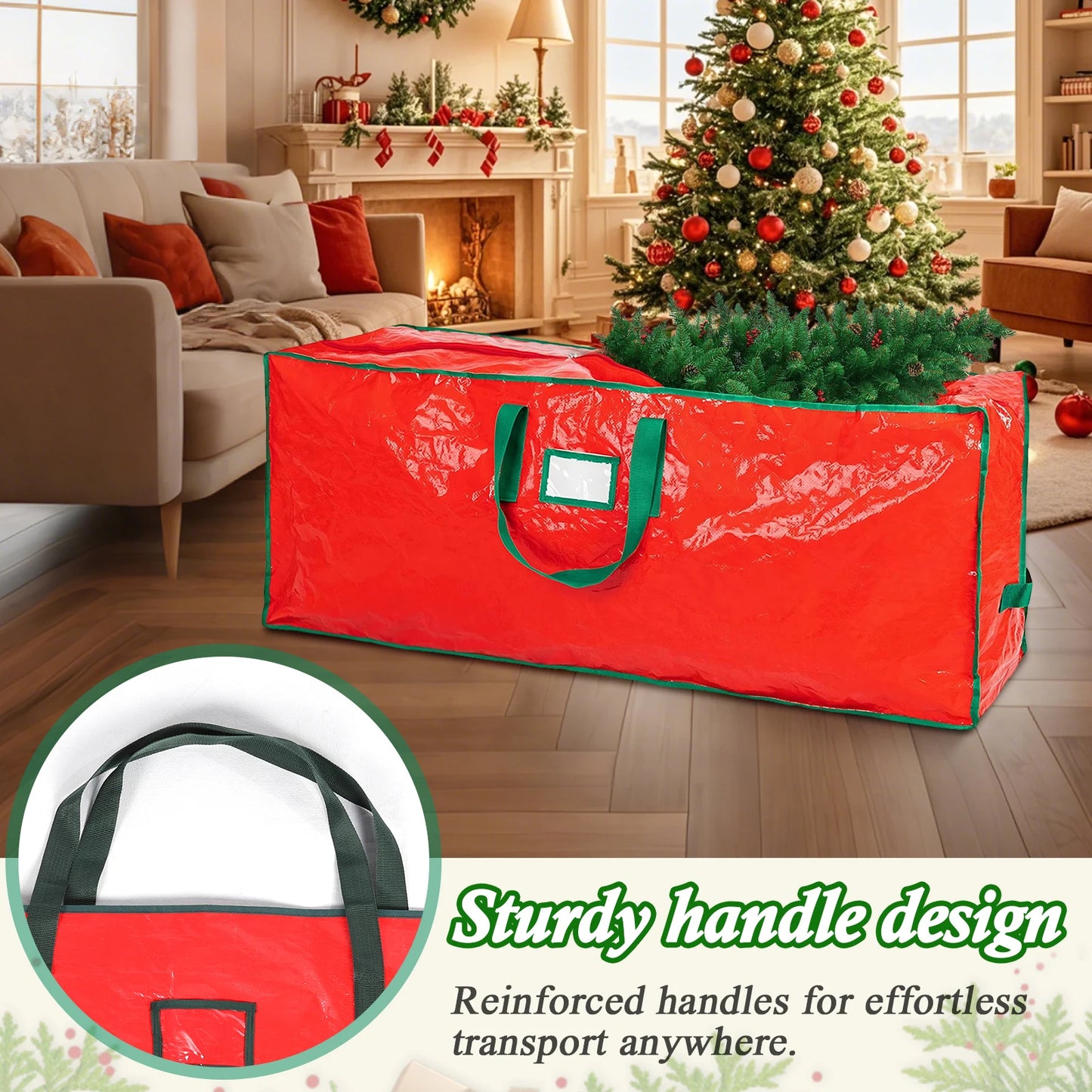 PE Xmas Tree Storage Bag w/ Handle Waterproof Fold Tree Package Bag (165 RED)