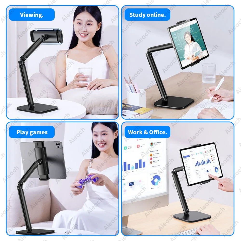 AIEACH Tablet Stand Holder Multi-Angle Adjustable, 15" Long Metal Flexible Arm iPad Stand for 4.7-13" Tablet & Phone, Ergonomic