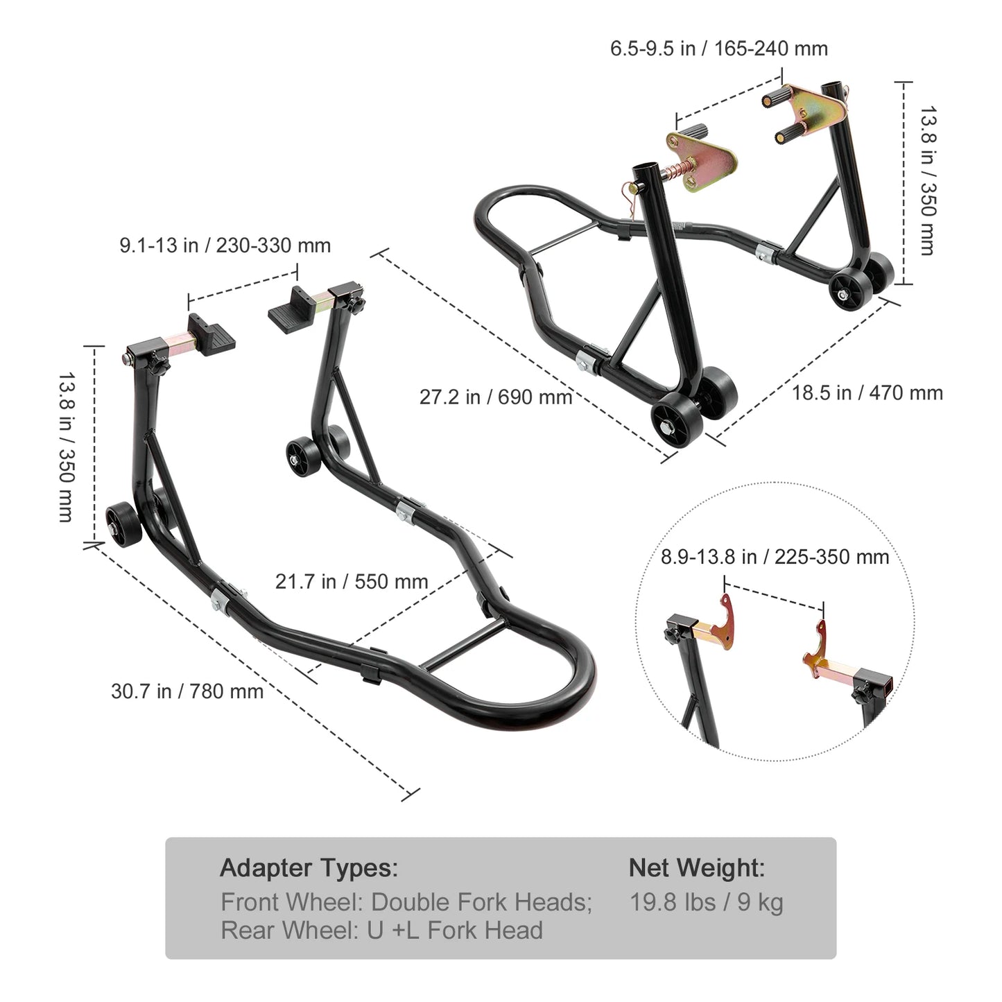 SucceBuy Motorcycle Stand Lift 850lbs Front Rear Combo Stand Lift Front and Rear Wheel Fork Stand Heavy Duty Rear Wheel Stand