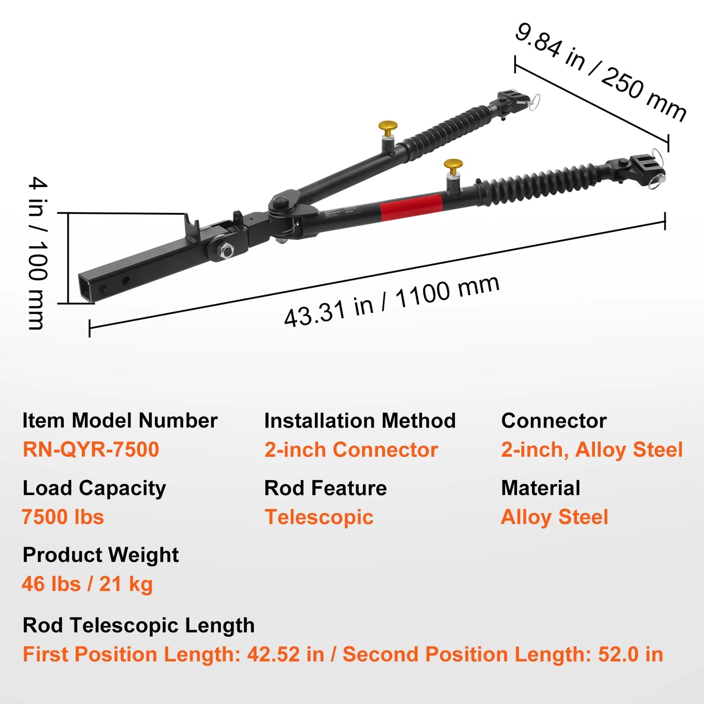 SucceBuy7500/10000Lbs Tow Bar with Ropes Max 52 in Telescopic Rod Fits 2-inch Connector Towing Bar for RV Car Trailer Truck