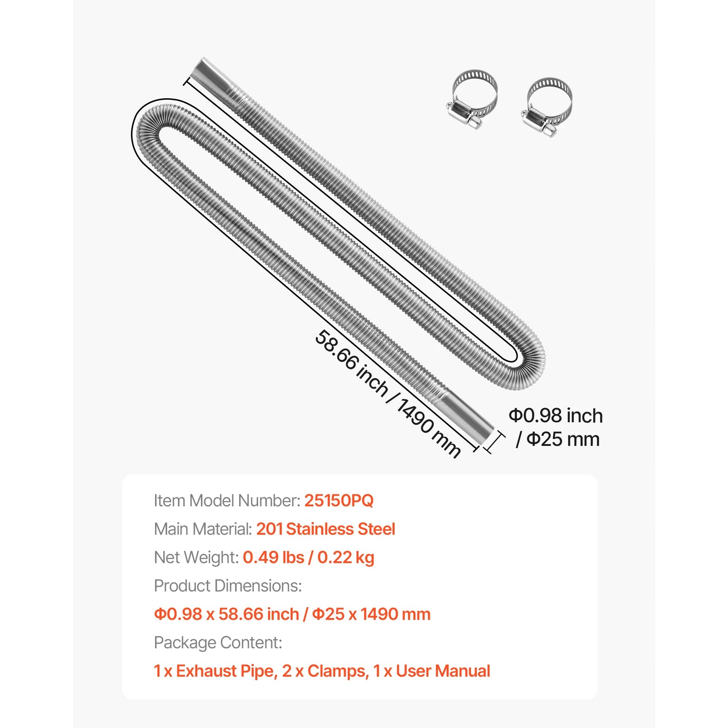SucceBuy Exhaust Hose 23.6" Diesel Heater Flexible Stainless Steel with 2 Hose Clamps Air Diesel Parking Heater for 2KW 5KW 8KW