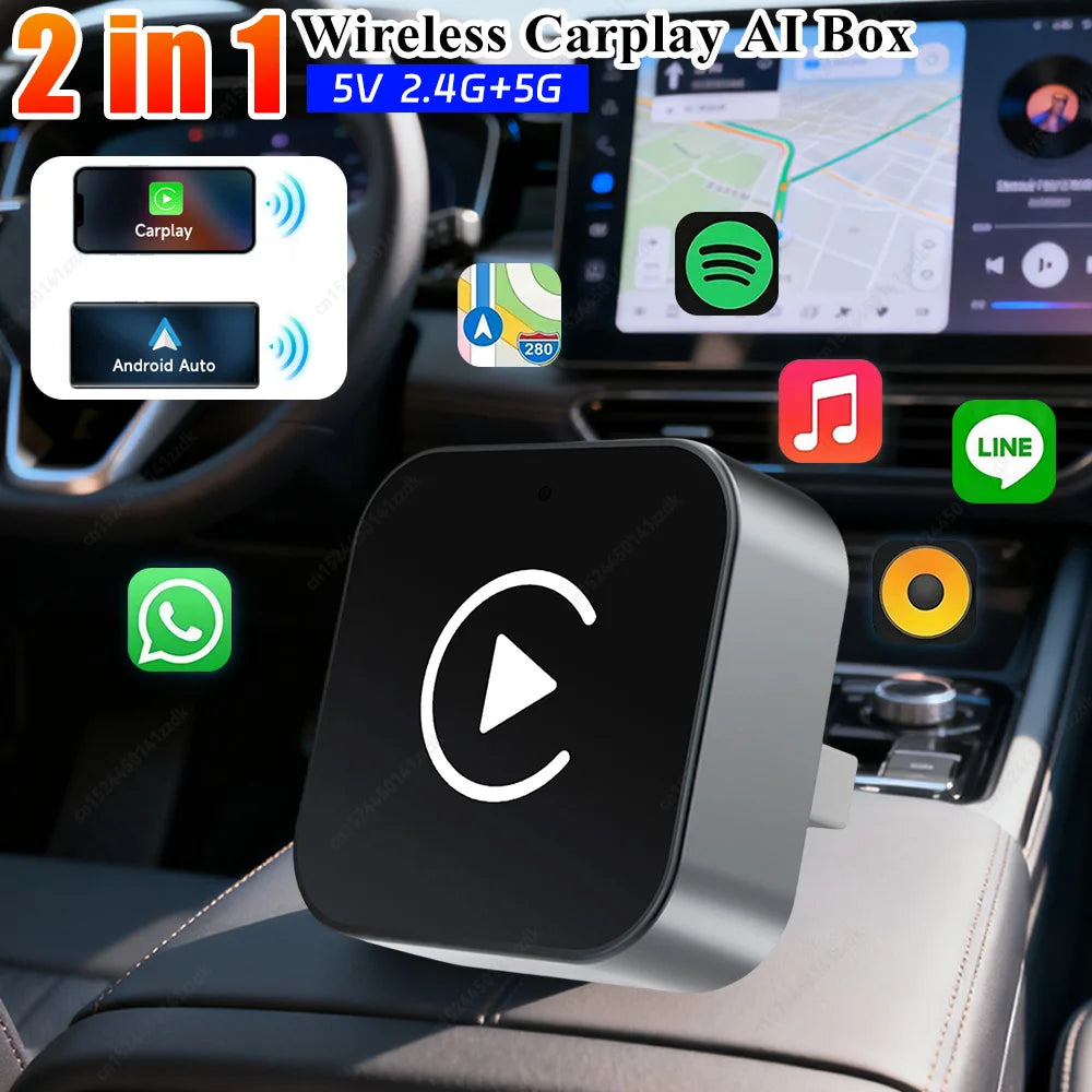 2-in-1 Wireless CarPlay & Android Auto Adapter AI Smart Box for All Cars Universal Compatibility with Seamless Wirel for iPhone