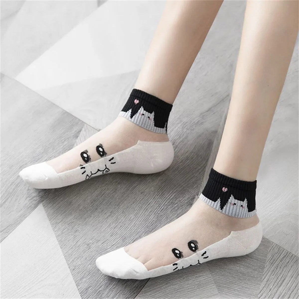 5Pairs/lot Summer Socks Black and White Cat Glass Silk Breathable Female Socks Simple Short Socks