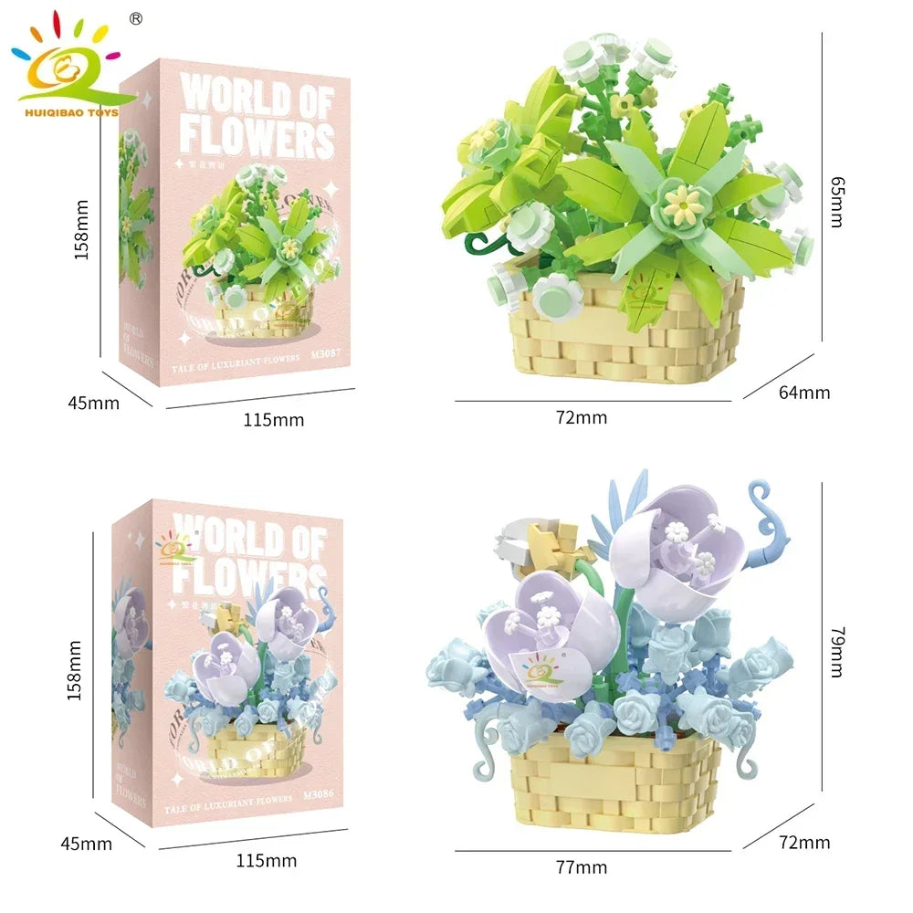 HUIQIBAO MOC Bouquet Potted Plant Micro Building Blocks Eternal Flower Model DIY Home Desk Decoration Brick Toy For Children