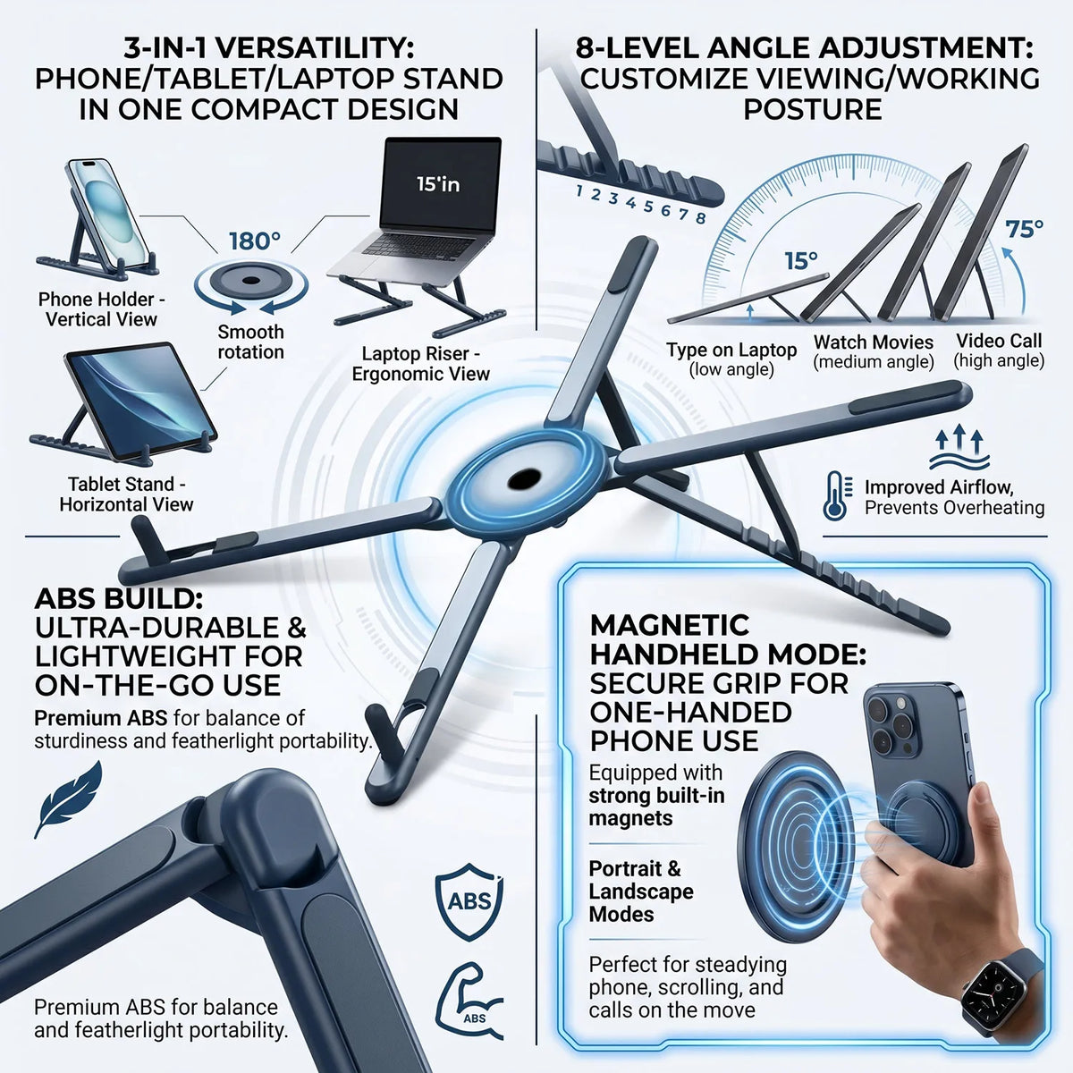 ABS Phone And Laptop Stand with Magnetic Base And 8-Position Height Adjustment, Suitable for Ipad And Mobile Phones