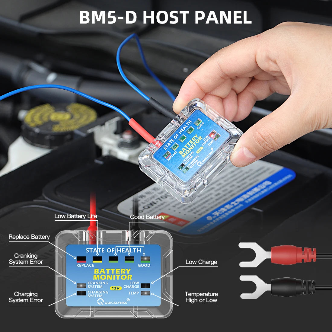 QUICKLYNKS BM5-D 12V Car Battery Tester LED 433MHz Monitor Head-Up Display SOH SOC Charging Battery Analyzer Diagnostic Tool
