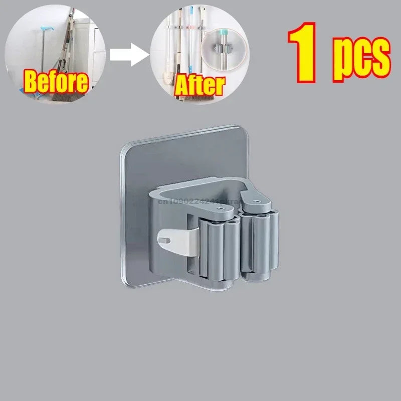 Household Bathroom Non Perforated Mop Holder, Broom Holder, and Card Holder Self-adhesive Mop Holder Kitchen Accessories