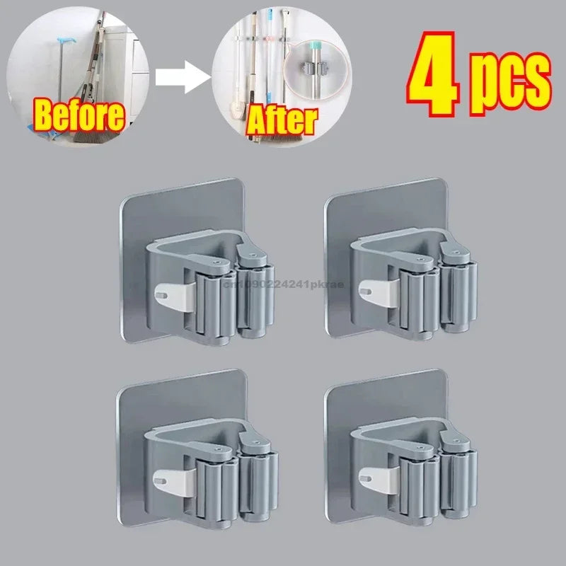 Household Bathroom Non Perforated Mop Holder, Broom Holder, and Card Holder Self-adhesive Mop Holder Kitchen Accessories