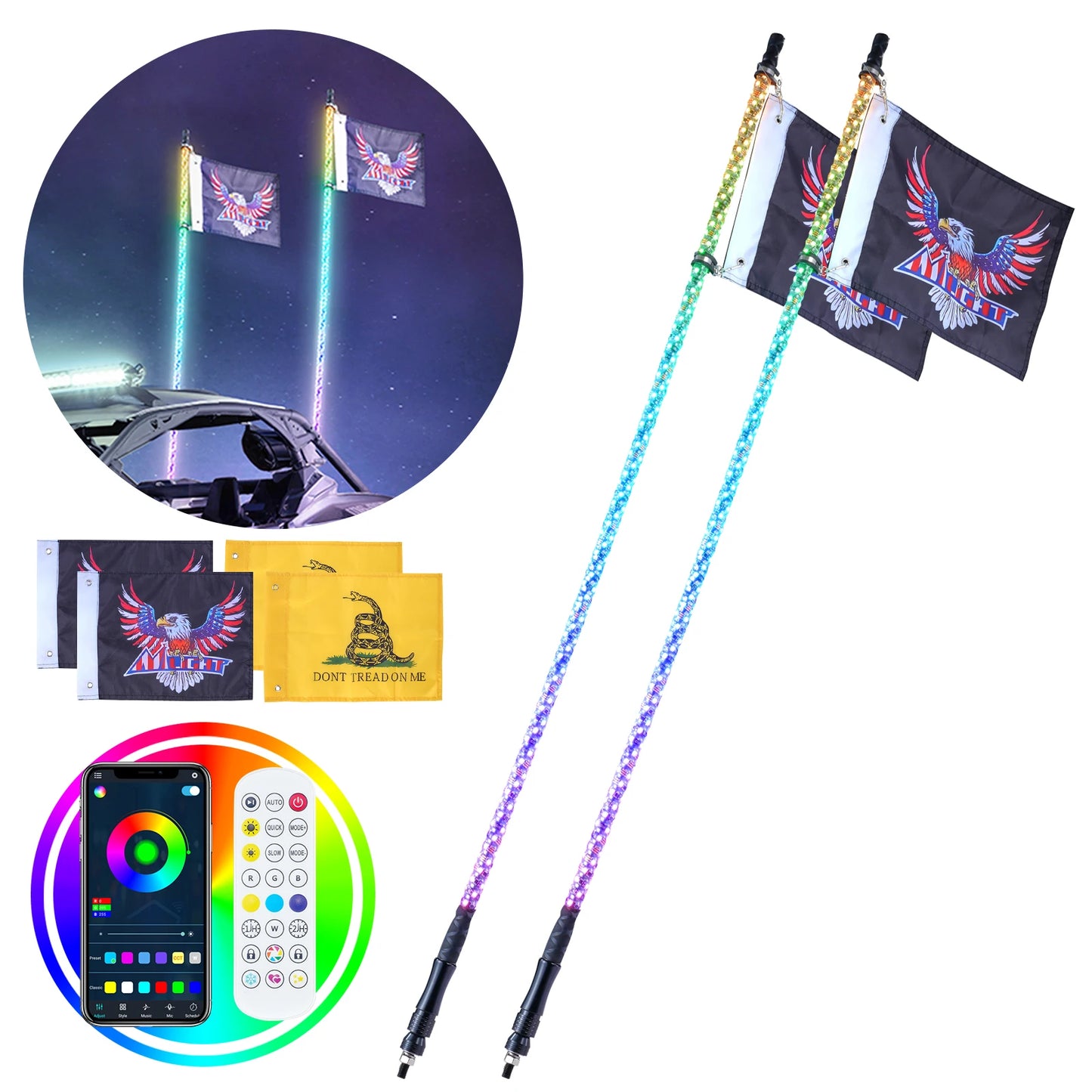 SucceBuy 2 PC 5FT Whip Light APP&RF Remote Control Led Whip Light Waterproof Lighted Whips for Motorcycle Off-road Go-kart