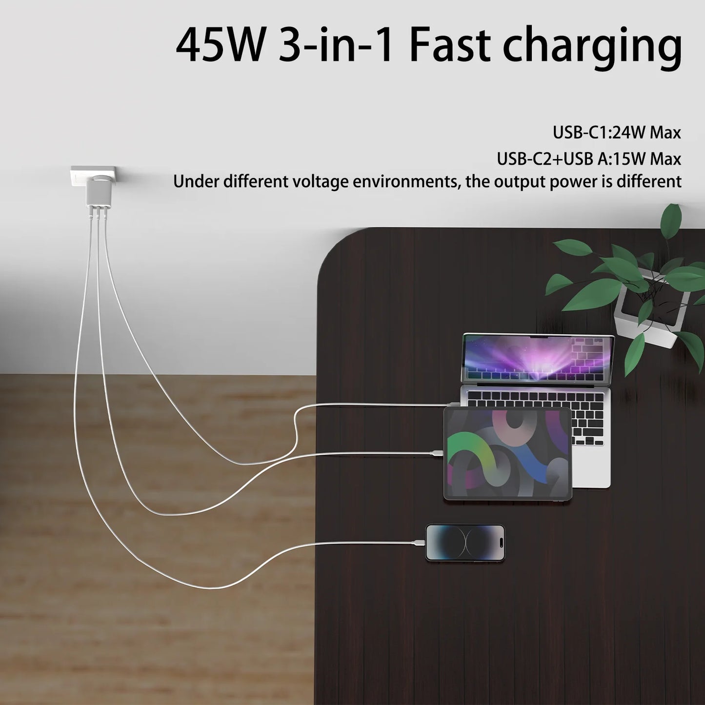 TOPADRE 45W GaN Charger 3ports PD 3.0 USB C Phone Charger For iPhone 17 16 15 Pro Samsung S25 Xiaomi Tablet iPad Air