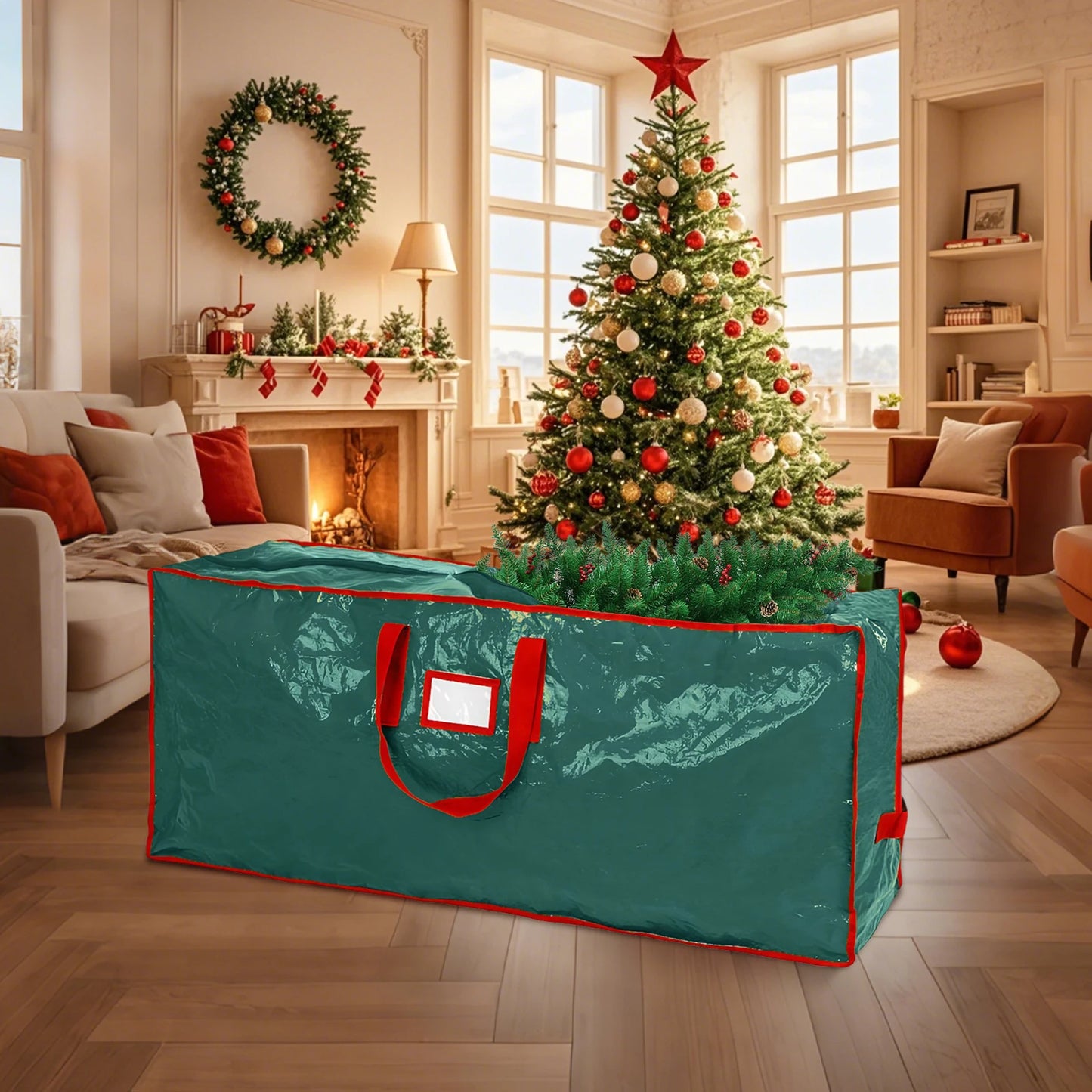 PE Xmas Tree Storage Bag w/ Handle Waterproof Fold Tree Package Bag (122 Green)