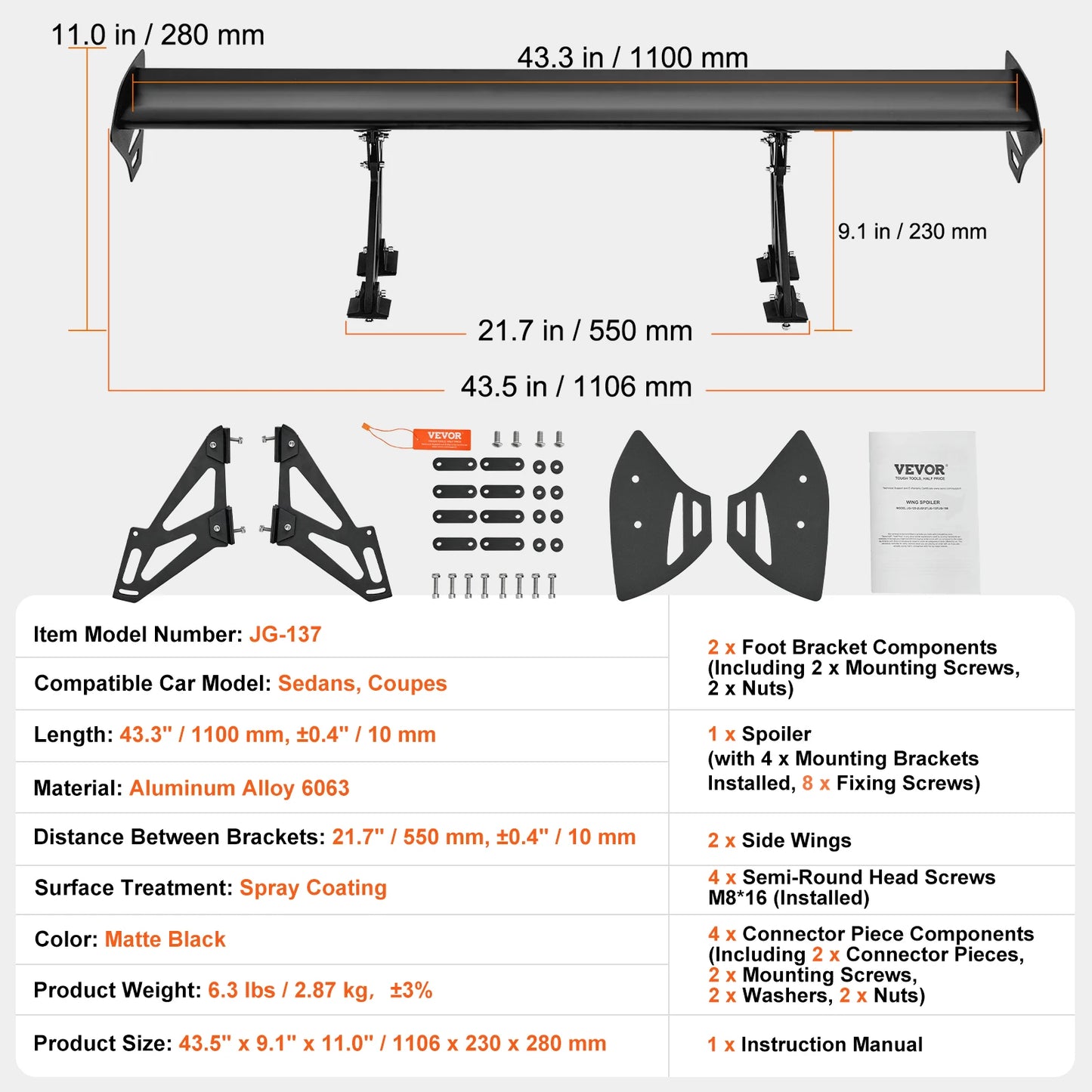 SucceBuy GT Wing Car Spoiler 43.3 inch Universal Spoiler with Single Deck Adjustable Lightweight Aluminum Car Rear Spoiler Wing