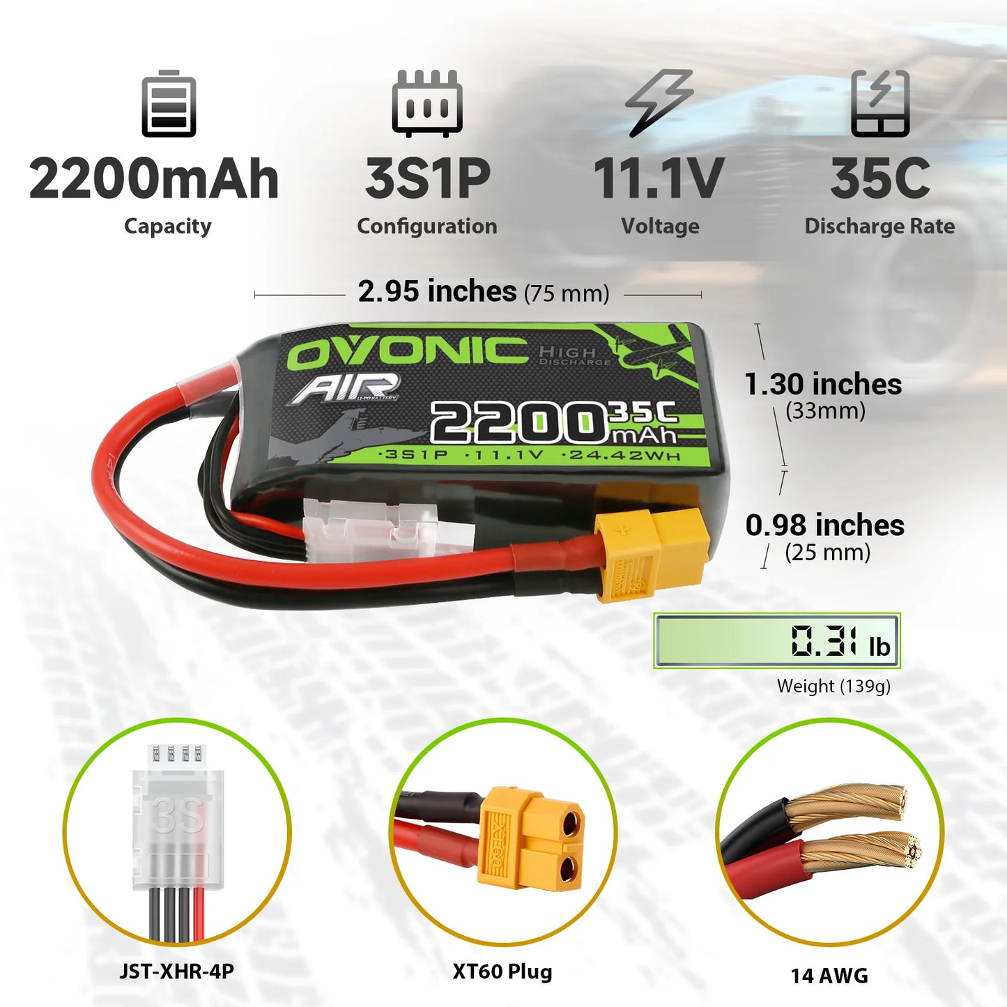 OVONIC 3S 2200mAh 11.1V 35C Shorty LiPo Battery XT60/T-Plug for RC 1/14 Cars Planes Helicopters (2 Pack)