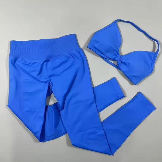 2-Piece Set Women's Seamless Clean (No Logo) Yoga Set, Halter Neck Sports Bra & High-Waisted Lifting Leggings for Gym Workouts
