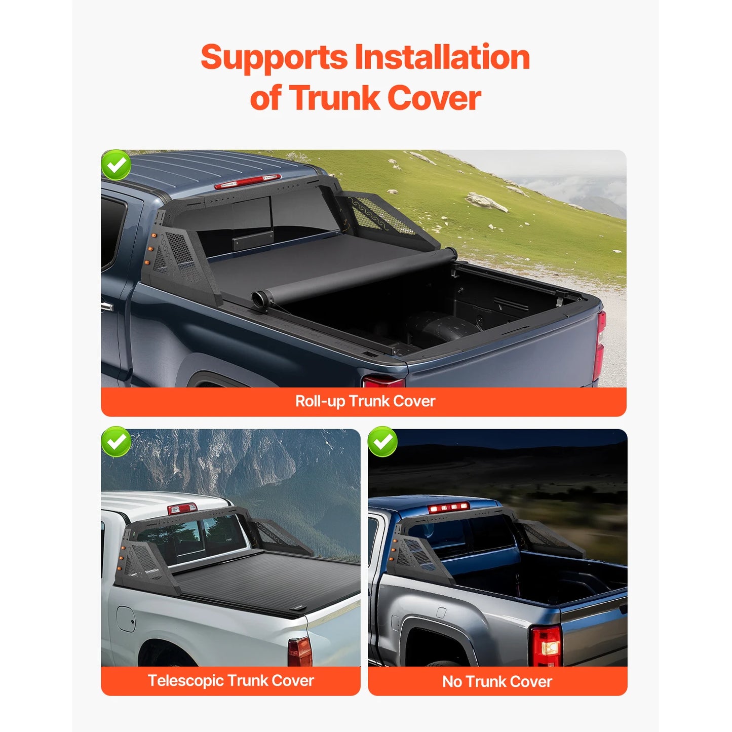 SucceBuy Truck Bed Roll Bar Universal Pickup Sport Adjustable Bar Chase Rack Carbon Steel Construction with LED Lights, No Rack