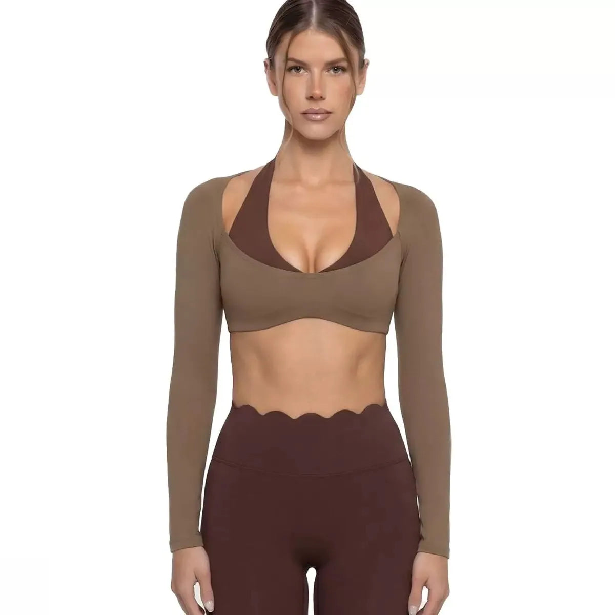 Women's Fake Two-Piece Sports Long Sleeve Halter Neck Pilates Yoga Shirt Slim Fit Fitness Sports Top Leggings Workout Tights