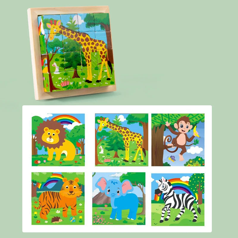 kindergarten Educational toy CRAFTS Cartoon Six Sided Wooden Puzzle Blocks Set Animal Matching Blocks Early education