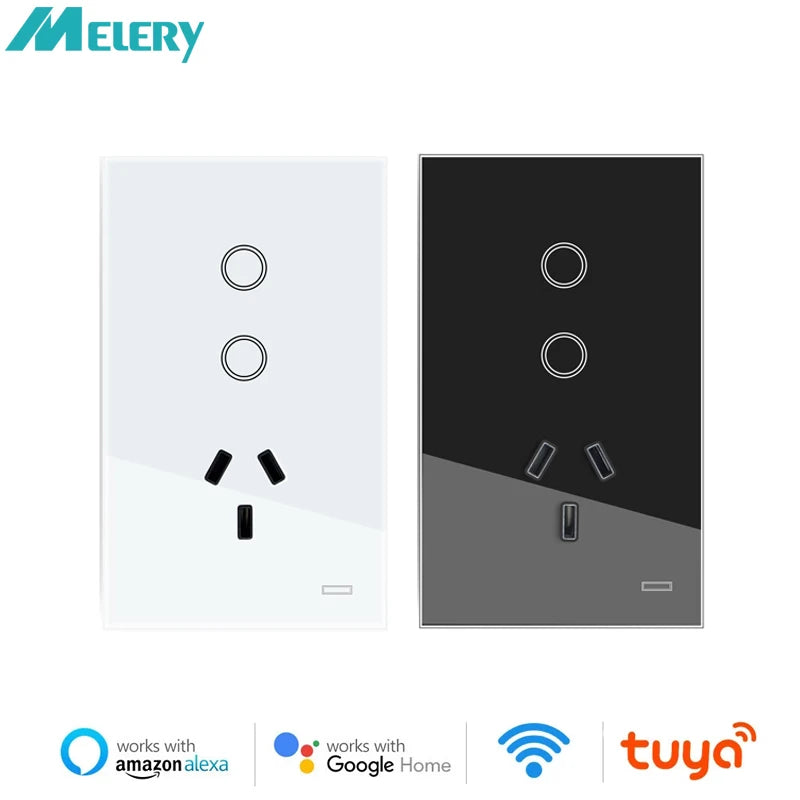 Melery AU Smart Tuya WiFi Light Switch Argentina Plug Australia Outlet Touch Glass Wall Socket Remote by Alexa & Google Home