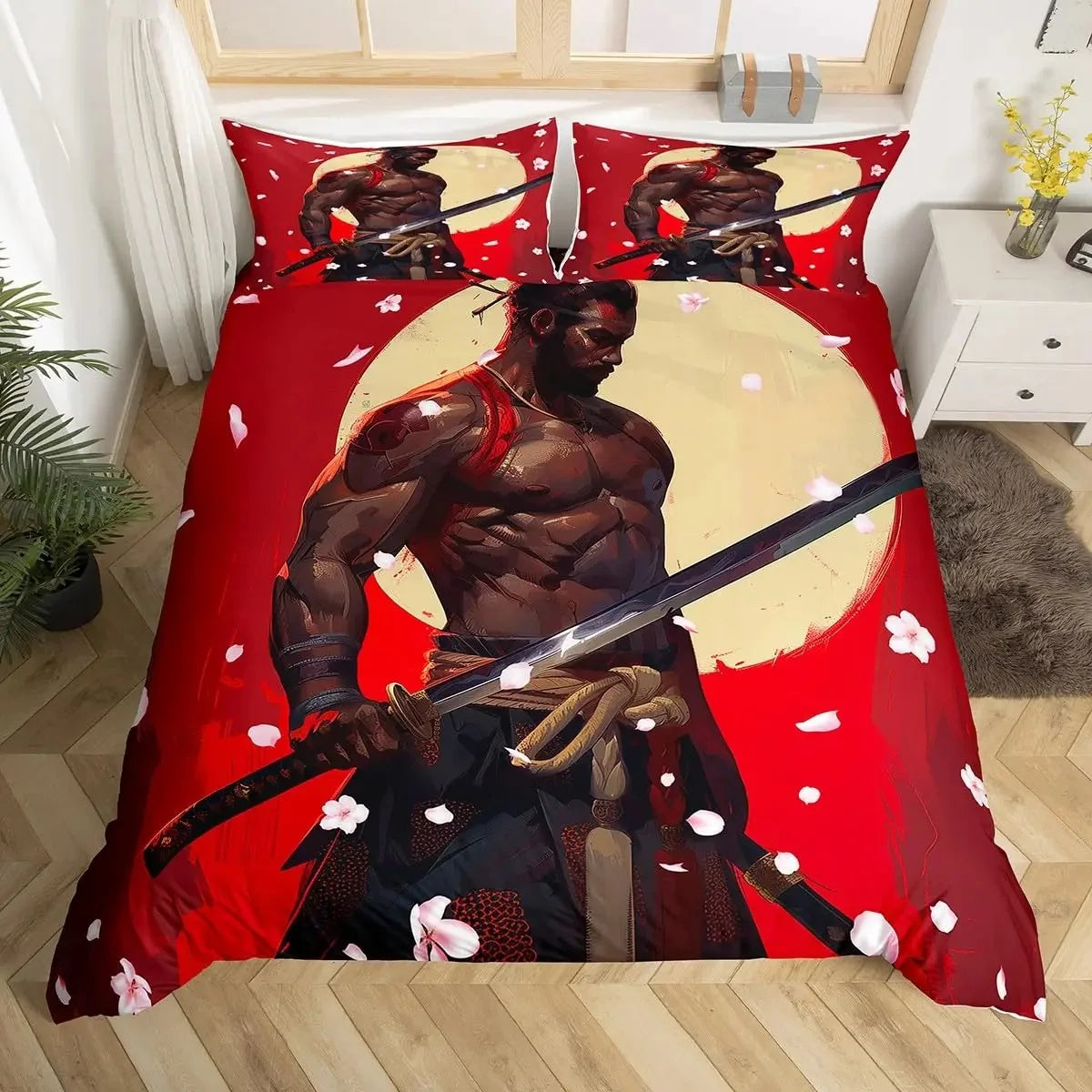 Japanese Samurai Bedding Set Full Size Cherry Blossoms Comforter Cover Red Sun Hokusai Duvet Cover Fuji Mountain Quilt Cover