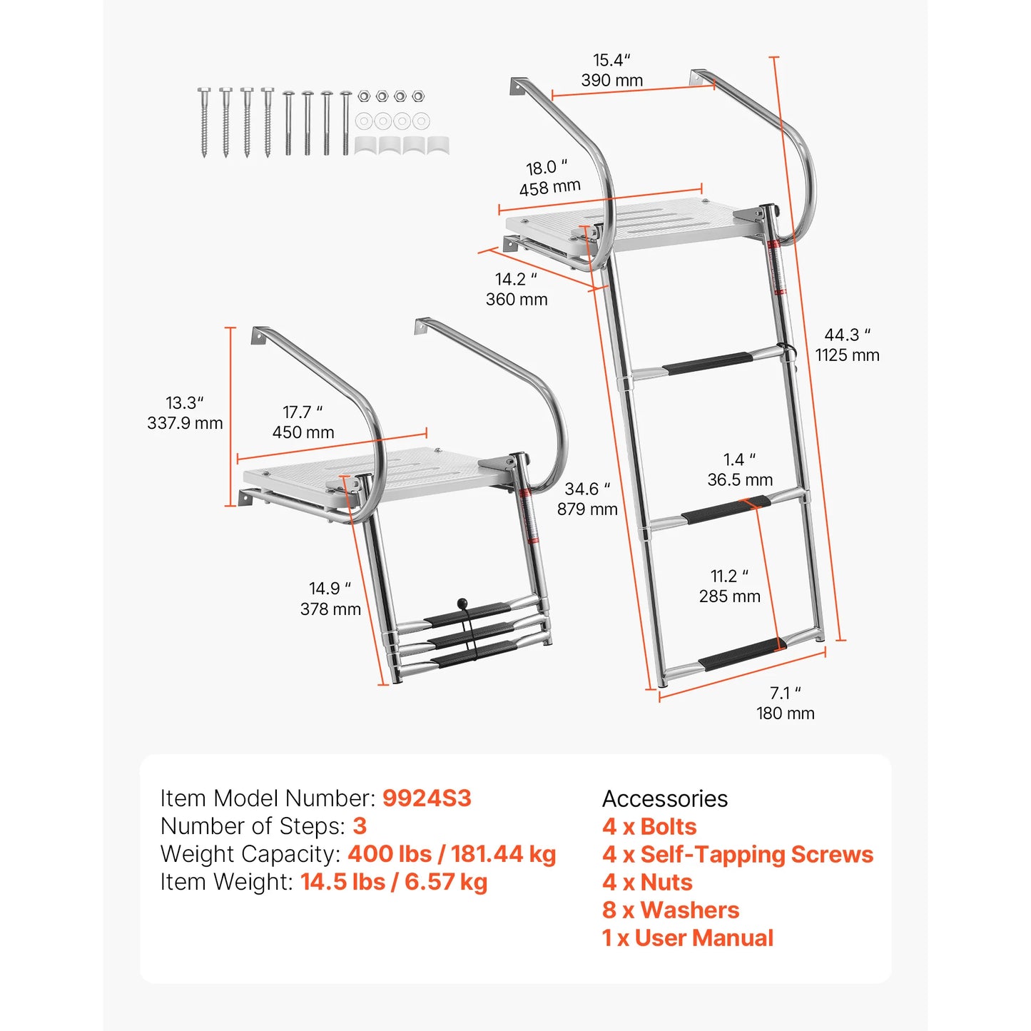SucceBuy 3 Steps Boat Ladder Stainless Steel 400 lbs Telescoping Folding Swim Deck Ladder with Handrails for Outboards Yacht