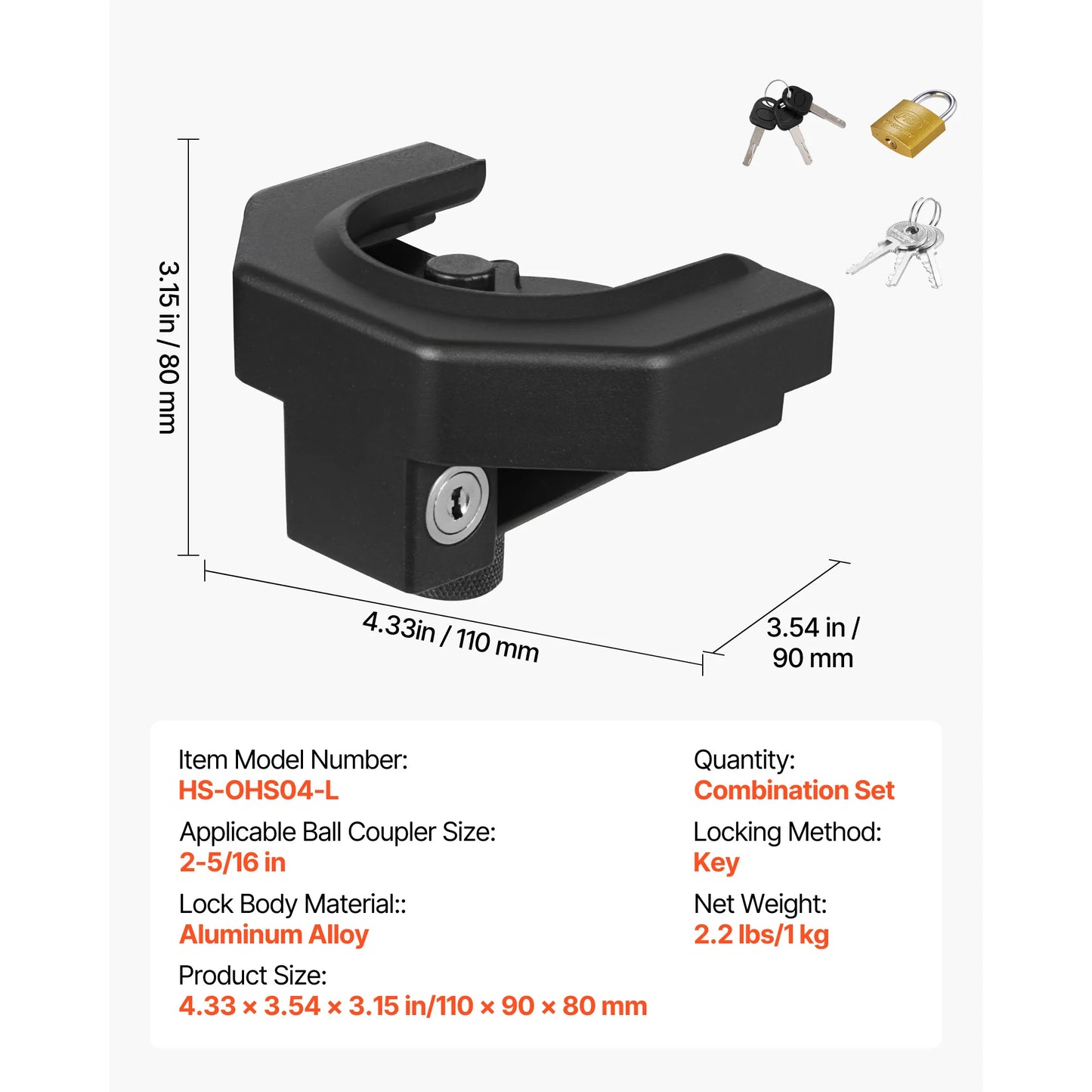 SucceBuy Trailer Hitch Lock Fits 2-5/16in Couplers Anti-Theft Trailer Ball Lock with Padlock Prying-Resistant for RVs Boats