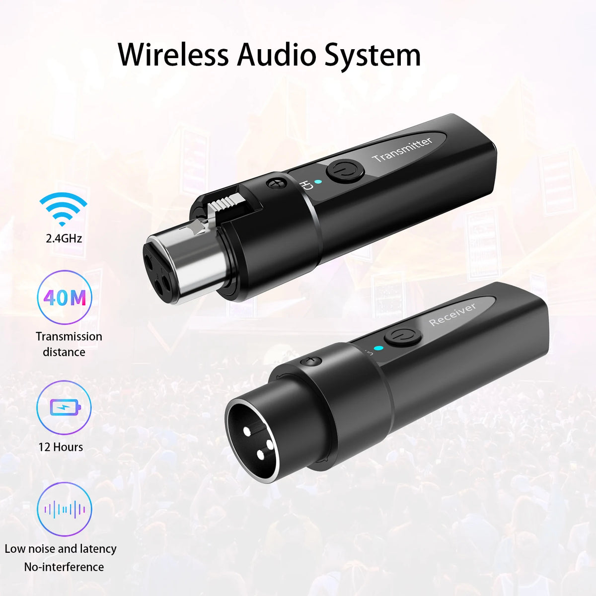 XLR Wireless Microphone Transmitter Receiver，  2.4Ghz Microphone Wireless System, Rechargeable Wireless Mic Adapter for Audio Mi