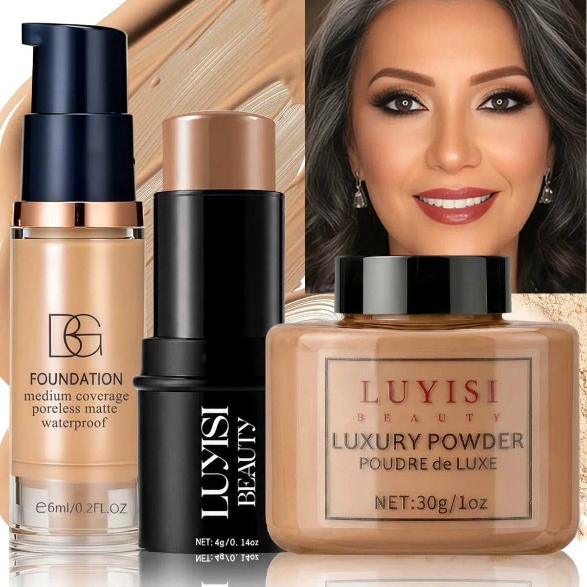 Facial Makeup Set:1PC Matte Foundation+1PC Contouring Stick+1PC Oil-Control Powder,Full Coverage,Waterproof And Sweatproof.