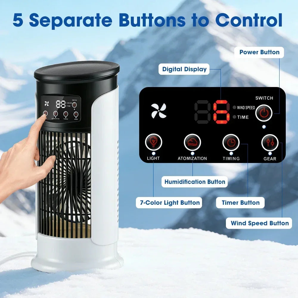 Portable Air Conditioner Fan 6 Speeds Misting Humidifier USB Desktop Cooler LED Display Timer Home Office Personal Summer
