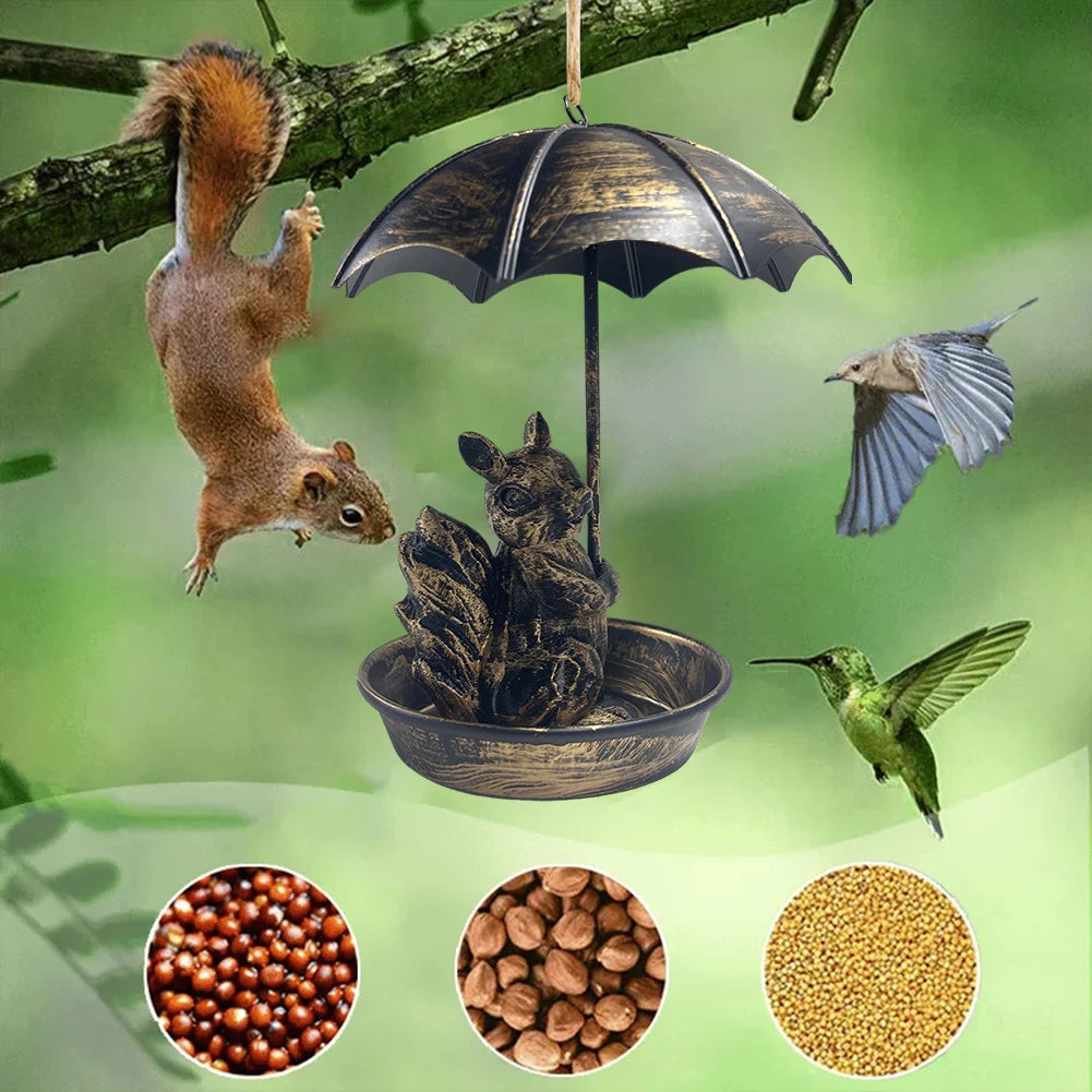 Squirrel Hanging Bird Feeder Set with Umbrella Metal Feeder Garden Yard Decor