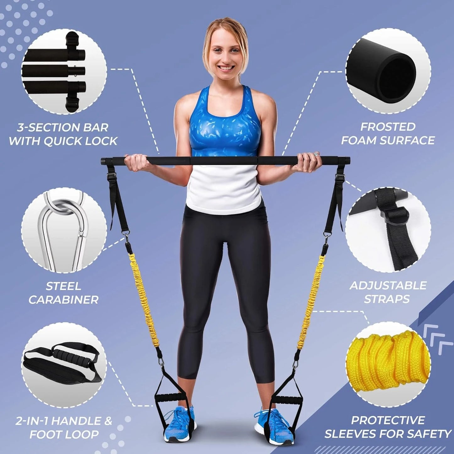 Water Pilates Starter Kit for Petite Women with Pilates Bar, Resistance Bands, Home Gym Equipment & Full Body Workout Chart