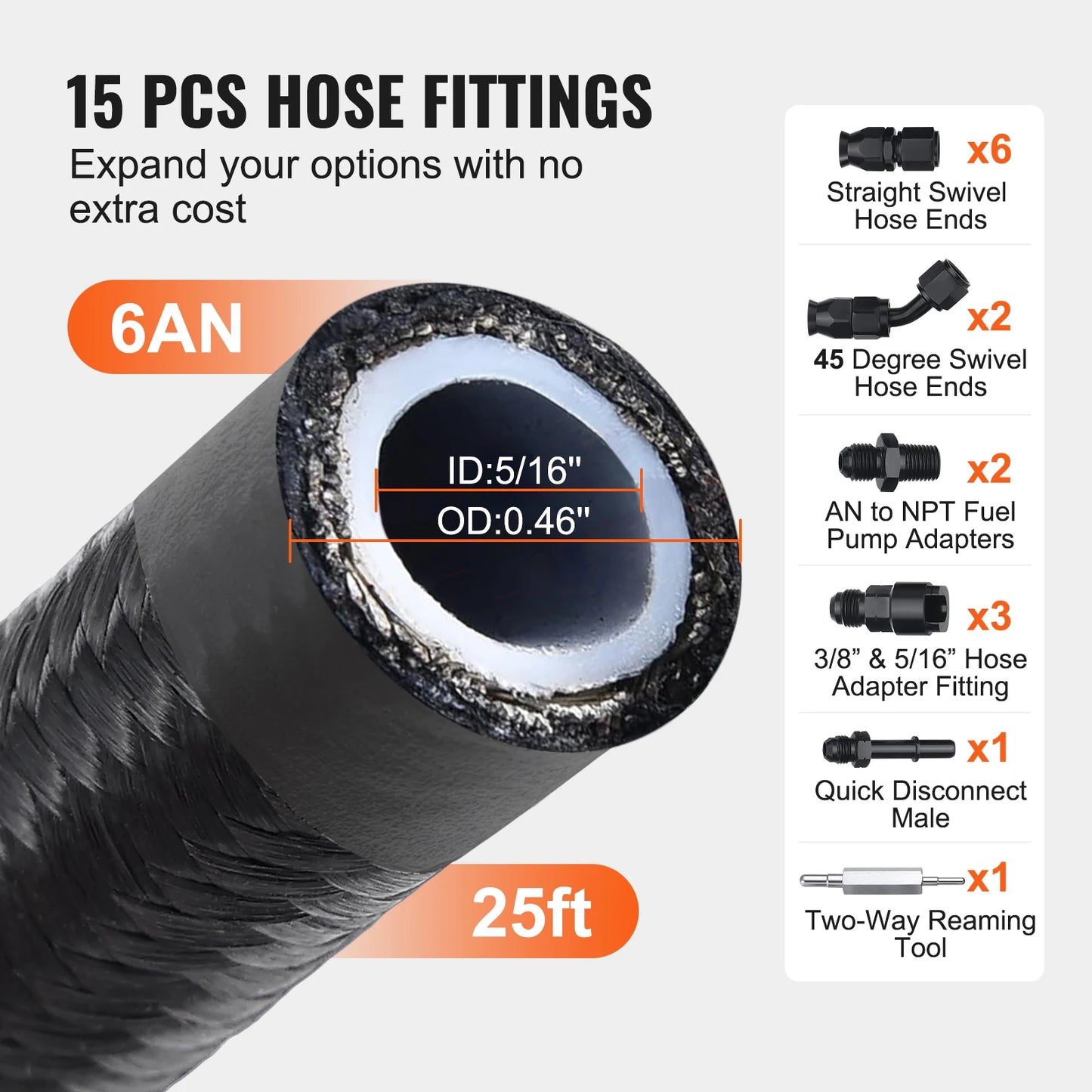SucceBuy 8AN Fuel Line Kit 20 FT Fuel Hose Kit 0.43" Nylon Stainless Steel Braided Fuel Line Oil/Gas/Diesel Hose End Fitting Kit