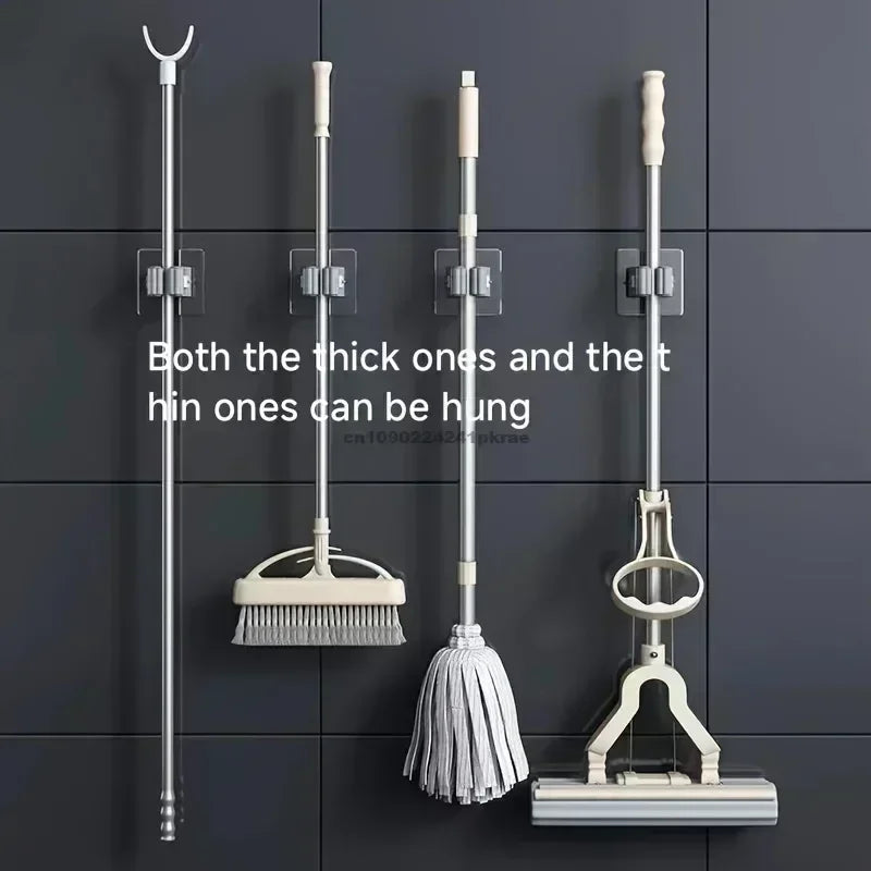 Household Bathroom Non Perforated Mop Holder, Broom Holder, and Card Holder Self-adhesive Mop Holder Kitchen Accessories