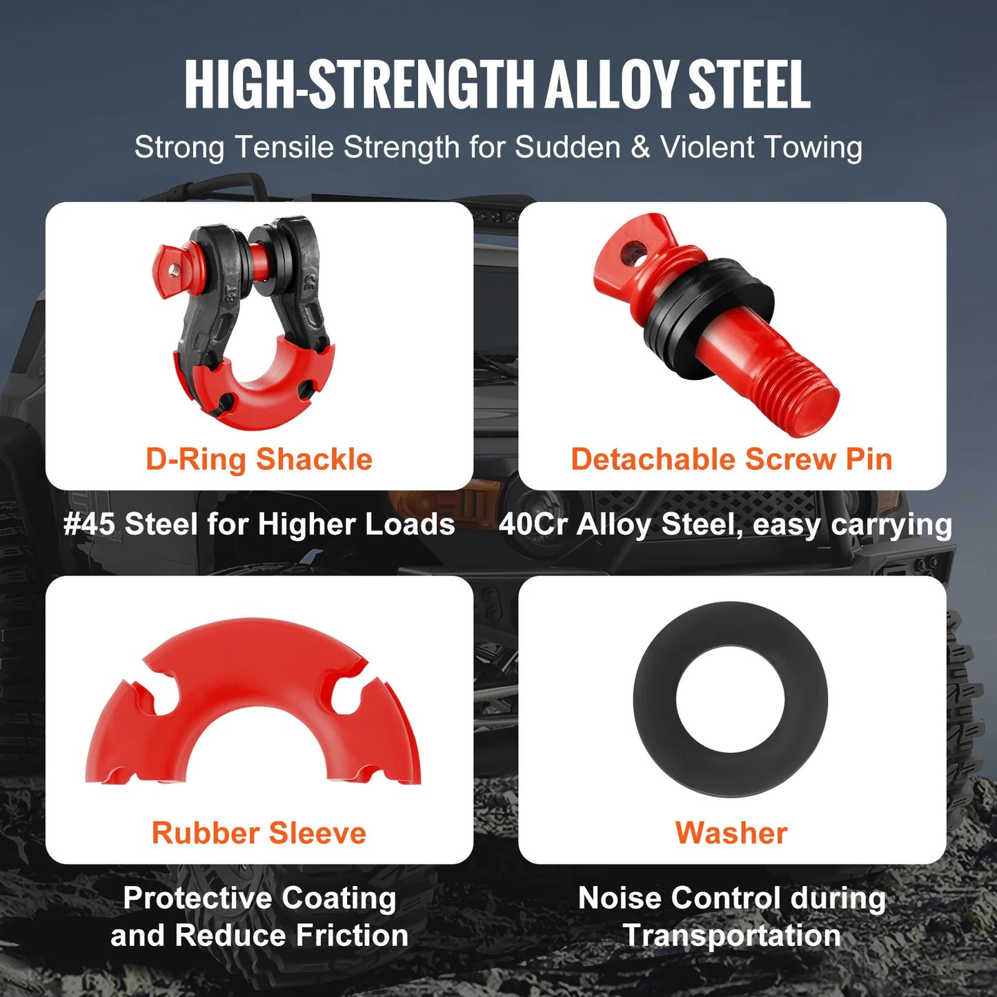 SucceBuy 2pcs 3/4" D-Ring Shackle U-Hook Loop Shackles with 7/8" Screw Pin Isolators &Washers for Jeep Off Road Vehicle Recover