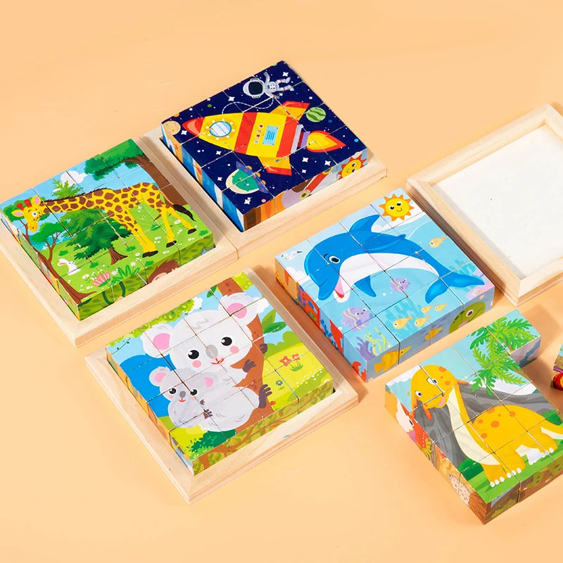 kindergarten Educational toy CRAFTS Cartoon Six Sided Wooden Puzzle Blocks Set Animal Matching Blocks Early education