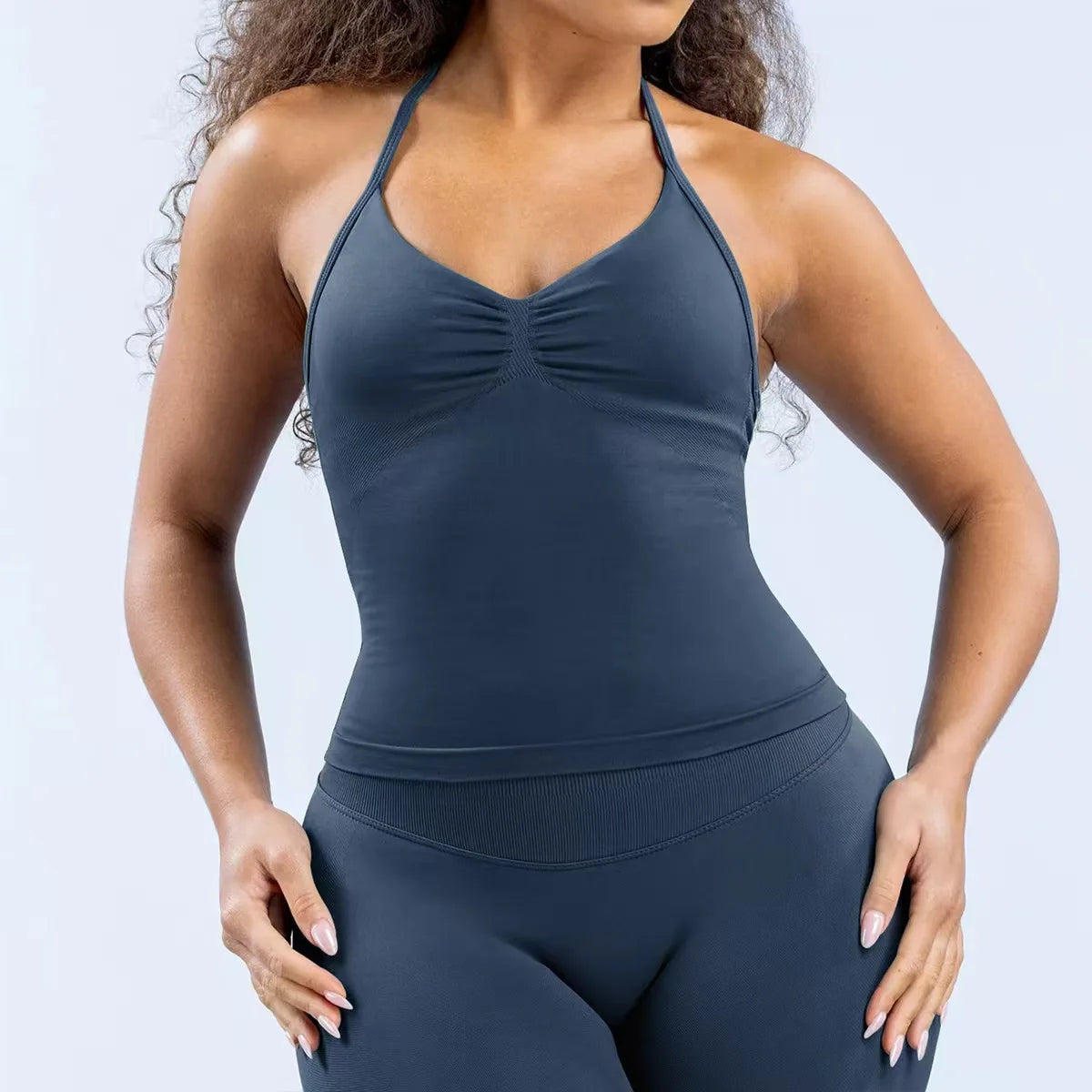 Cavendi 2 Pieces impact gym Halter top seamless shorts Women Yoga outfits Sportswear Sports Suits Fitness Top Gym set