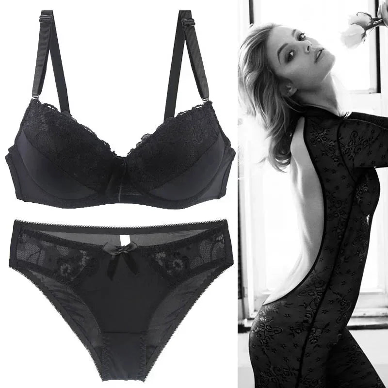 2021 New Women Push Up Bra Sets Intimates Lace Thongs Underwear Solid Bow 70-105 BCDE Cup Female Plus Size Lingerie