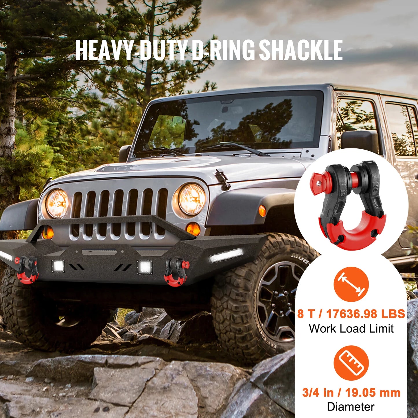 SucceBuy 2pcs 3/4" D Ring Shackle U-Hook Loop Shackles with 7/8" Pin Isolators & Washers for Jeep Off Road Vehicle Recovery