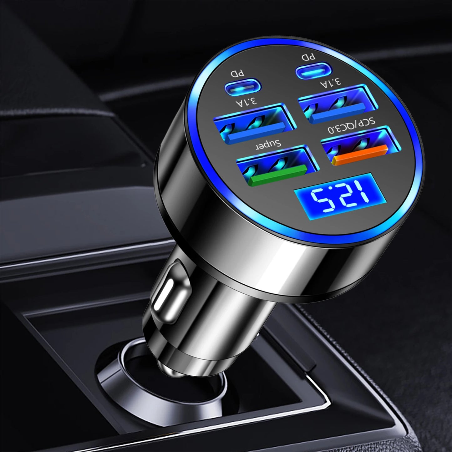 100W 6 Ports Cigarette Lighter Adapter 4USB 2PD Car Charger Adapter Fast Charger for Cell Phones Tablets and Other USB Devices