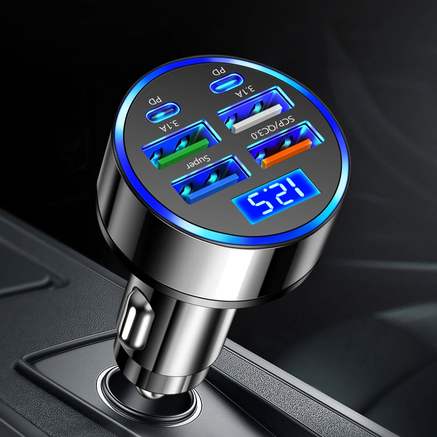 100W 6 Ports Cigarette Lighter Adapter 4USB 2PD Car Charger Adapter Fast Charger for Cell Phones Tablets and Other USB Devices