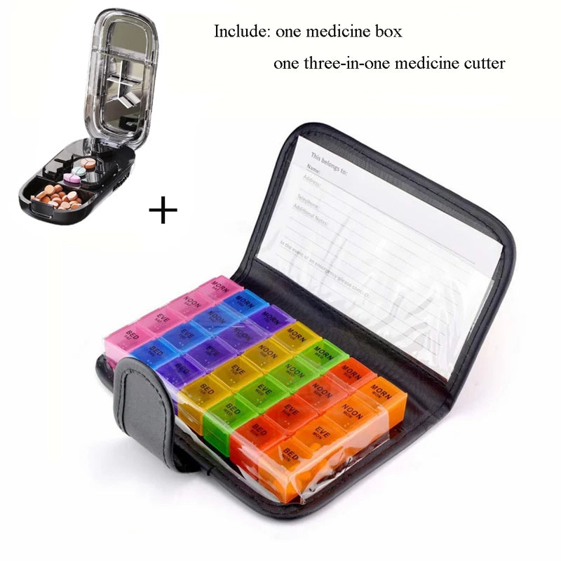 7day Pill Box 28 Compartments Multi-Coloured Weekly Case with PU Wallet for Vitamins Fish Oils Tablet Medicine Storage Organizer