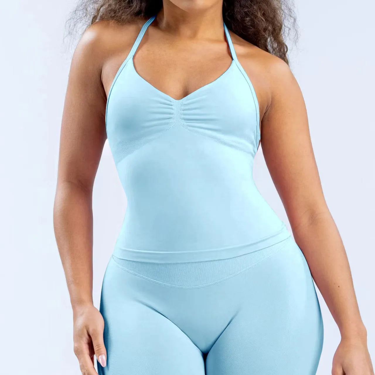 Cavendi 2 Pieces impact gym Halter top seamless shorts Women Yoga outfits Sportswear Sports Suits Fitness Top Gym set